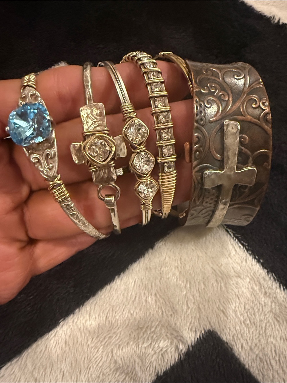 Mixed Metal Women's Bracelet Stack with Blue Stone and Cross Accents